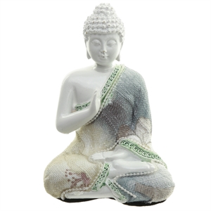 Buddha 296b Meditation siddende hvid polyresin med lime og stof 12x8x6cm - Se flere Buddha figurer
